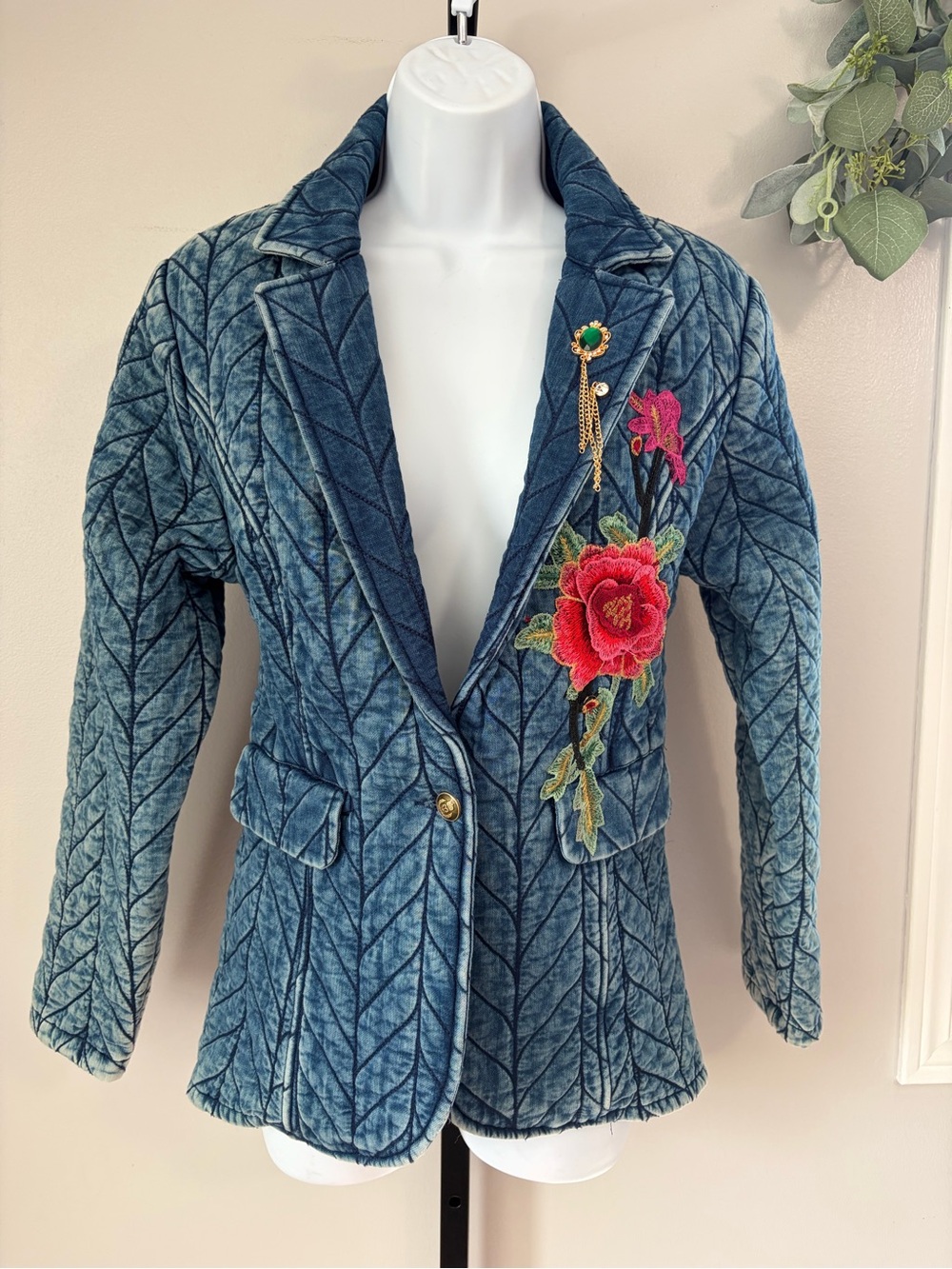 NWOT Aratta Silent Journey- Embroidered Quilted Blue Mineral Wash Blazer - Picture 14 of 16